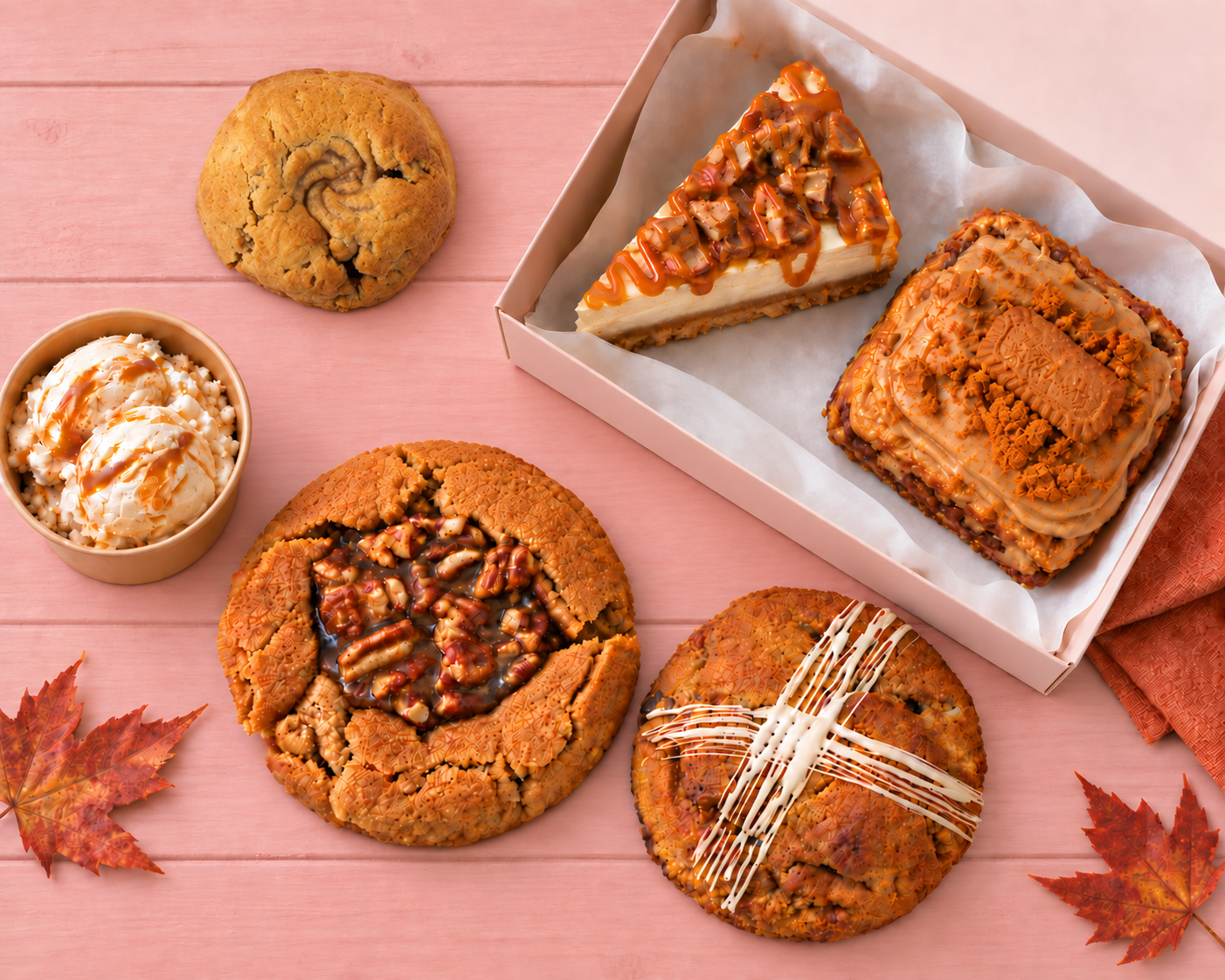 Apple Pie Grand Cookie, caramel desserts and ice cream on a warm pink tabletop